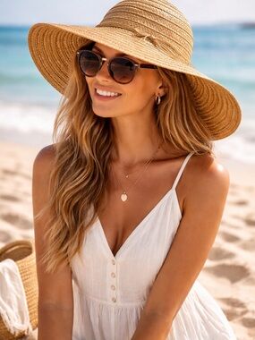 Brown Straw Wide Brim Floppy Hat Boho Beach Sun Hat OS